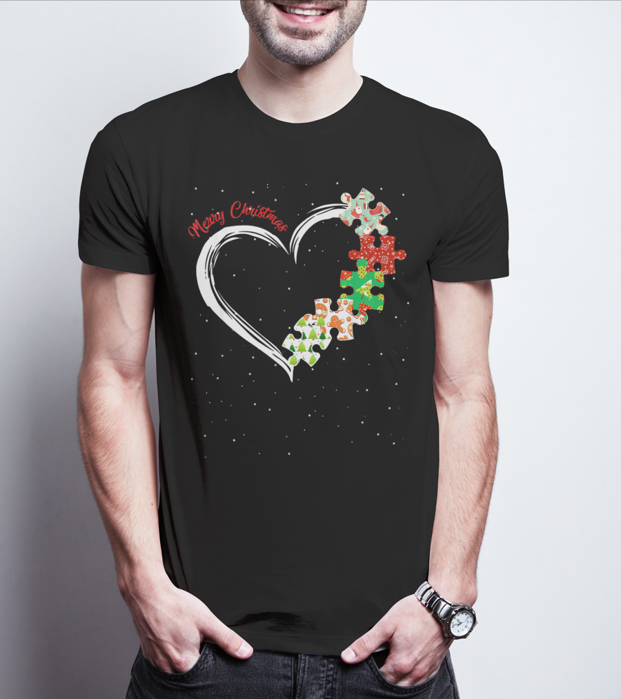 Merry Christmas Autism Awareness Heart Puzzle T-Shirt