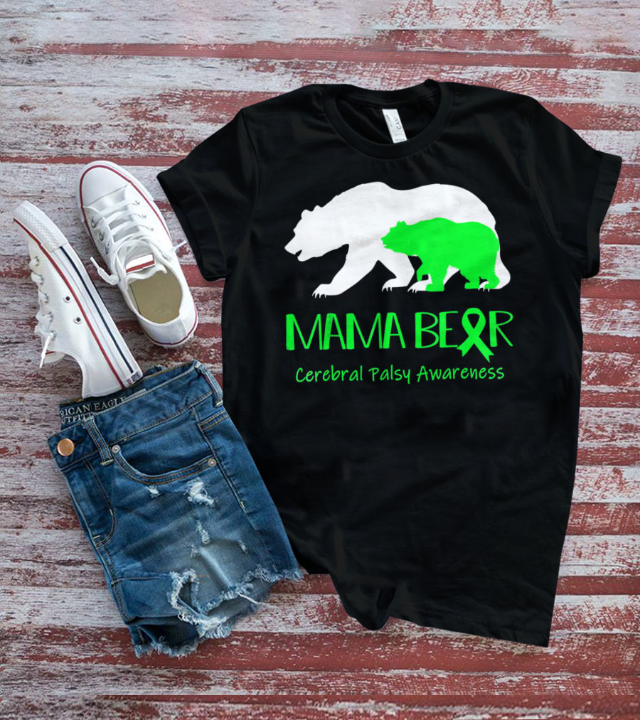 Mama Bear Cerebral Palsy Awareness Green Ribbon Bears T-Shirt
