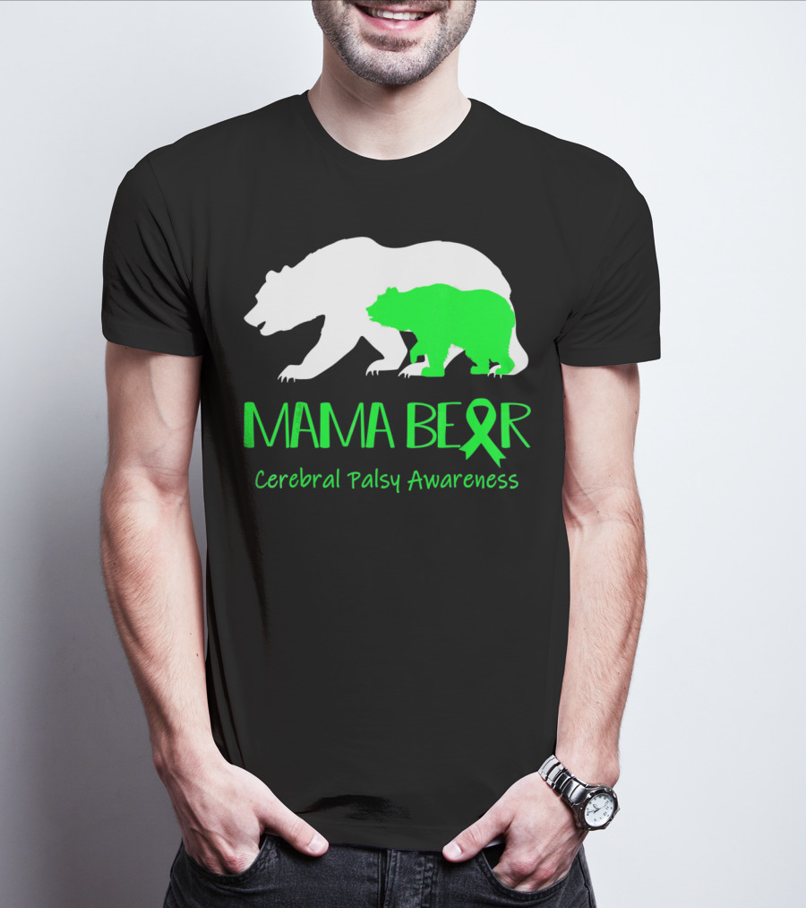 Mama Bear Cerebral Palsy Awareness Green Ribbon Bears T-Shirt