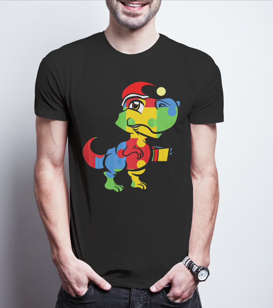 Funny Christmas Autism Awareness Santa Dinosaur Puzzle T-Shirt
