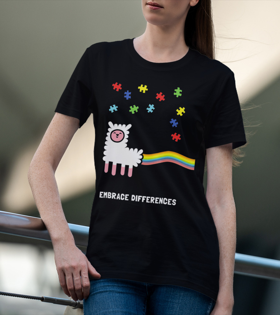Embrace Differences Autism Awareness Llama Rainbow Puzzle Pieces T-Shirt