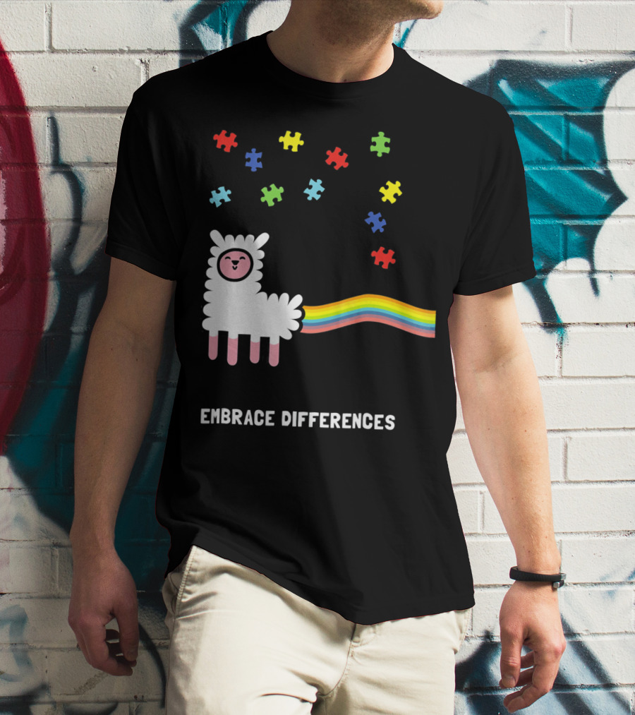 Embrace Differences Autism Awareness Llama Rainbow Puzzle Pieces T-Shirt