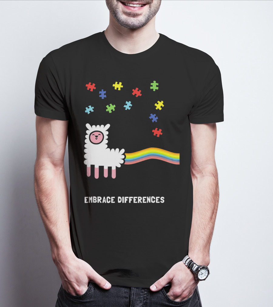 Embrace Differences Autism Awareness Llama Rainbow Puzzle Pieces T-Shirt