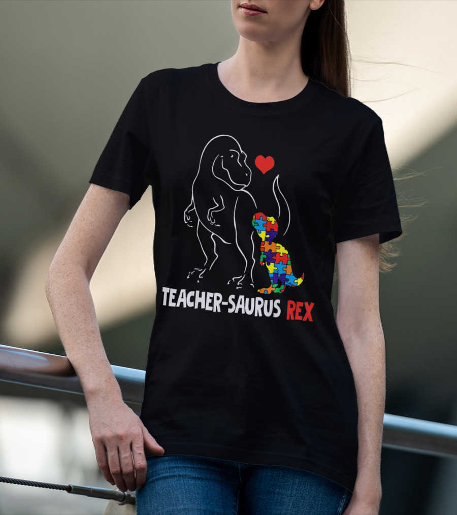 Teacher Saurus Rex Dinosaur With Heart And Colorful Puzzle T-Shirt