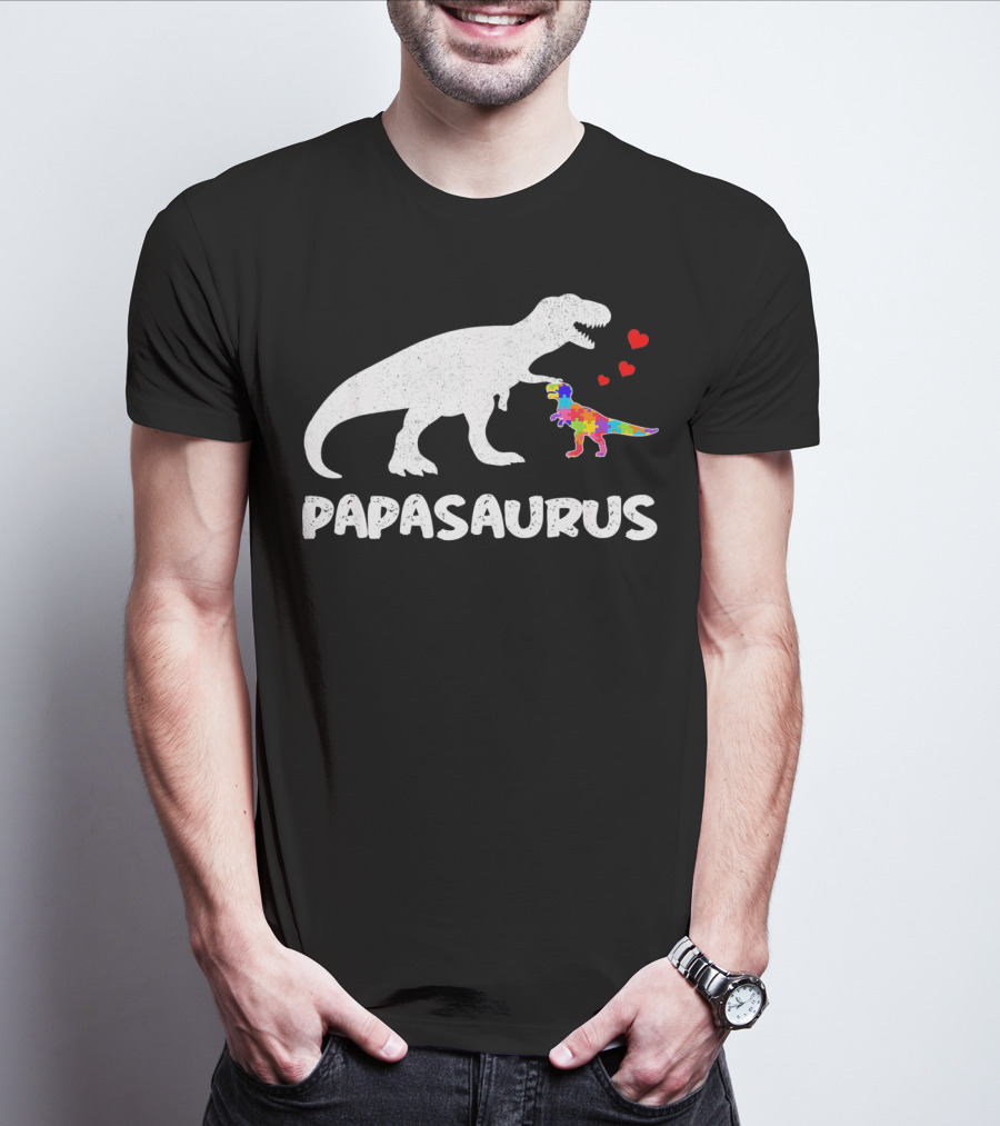 Papasaurus Dinosaur Puzzle Piece Autism Hearts T-Shirt