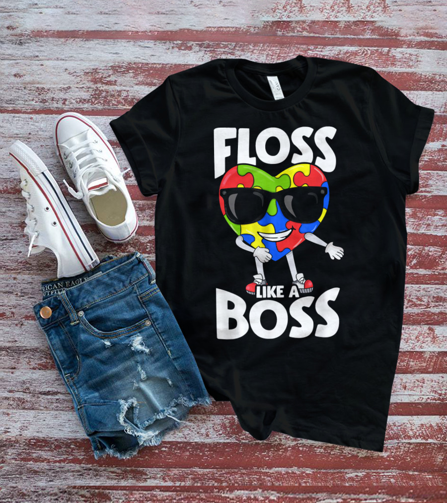 Floss Like A Boss Heart With Puzzle Autism T-Shirt