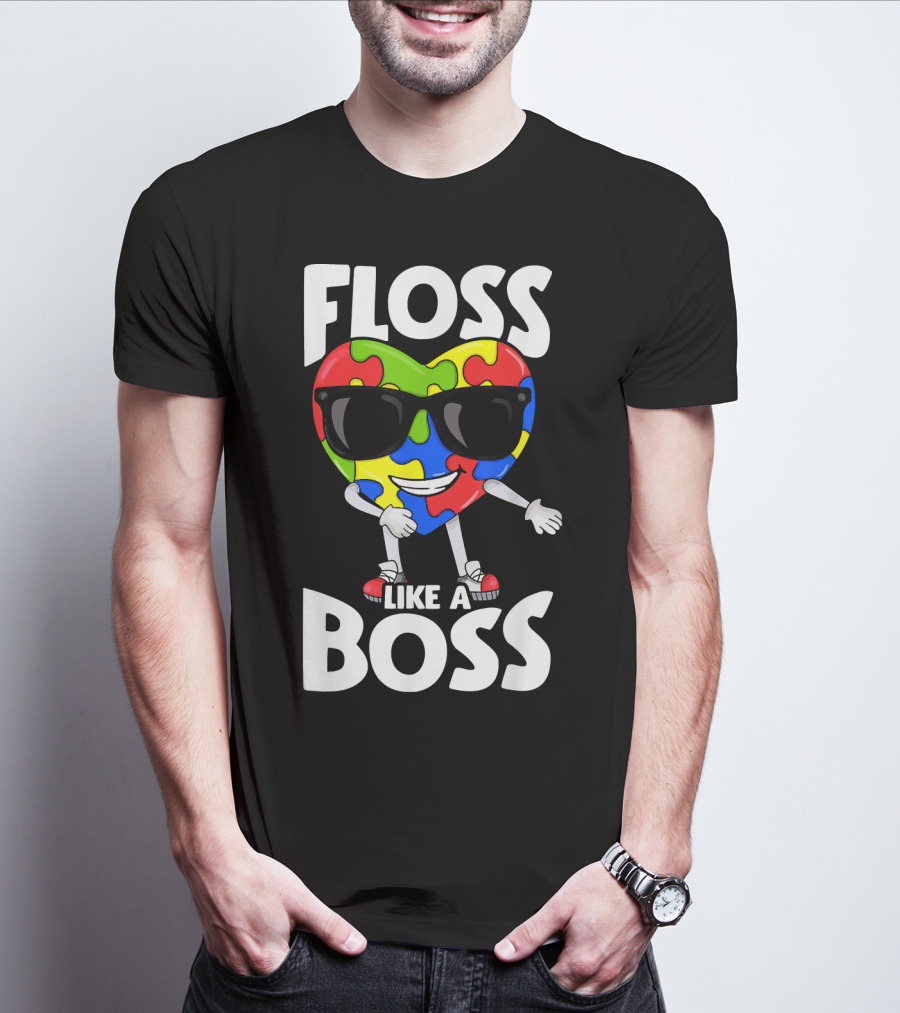 Floss Like A Boss Heart With Puzzle Autism T-Shirt