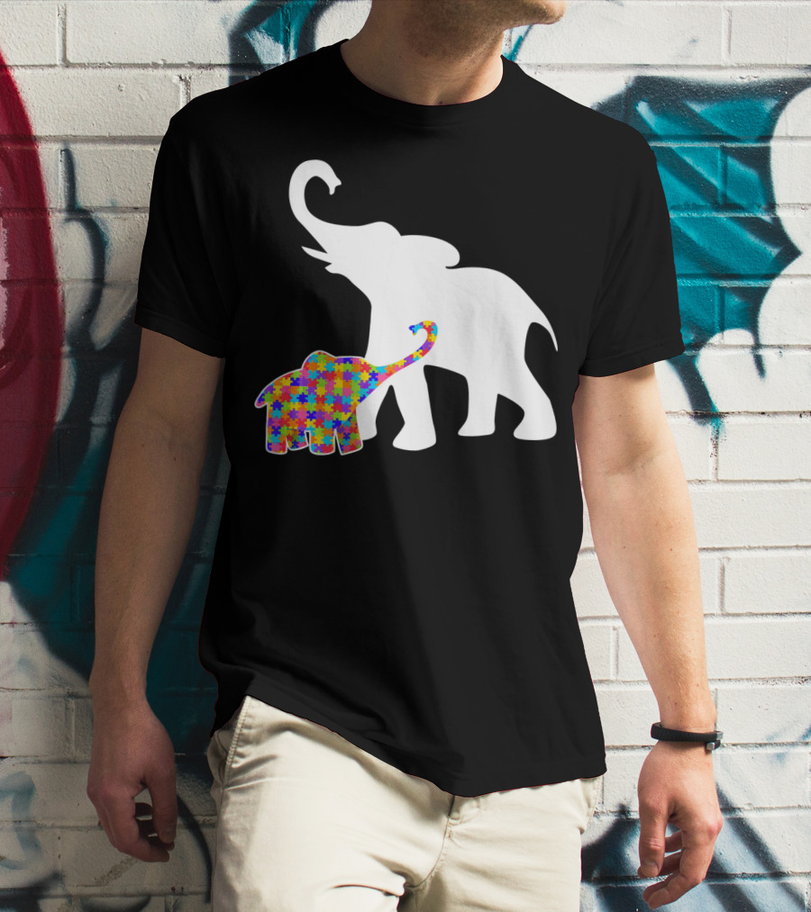 Elephant Autism Awareness Puzzle Pattern Support T-Shirt