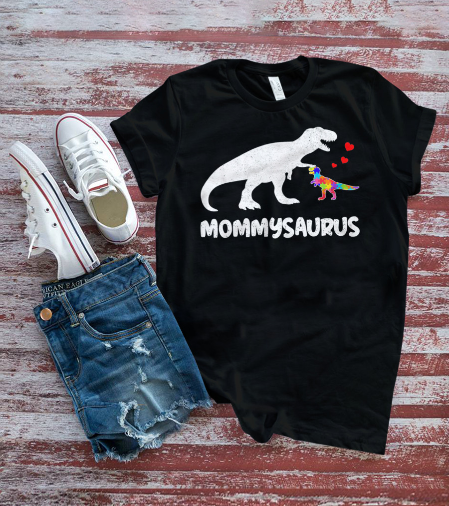 Mommysaurus Dinosaur Autism Puzzle Hearts T-Shirt