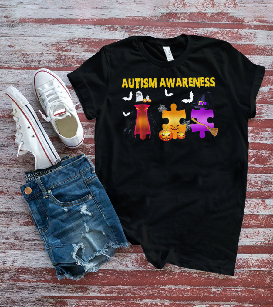 Autism Awareness Halloween Puzzle Pieces With Witch Hat Bats And Pumpkins T-Shirt