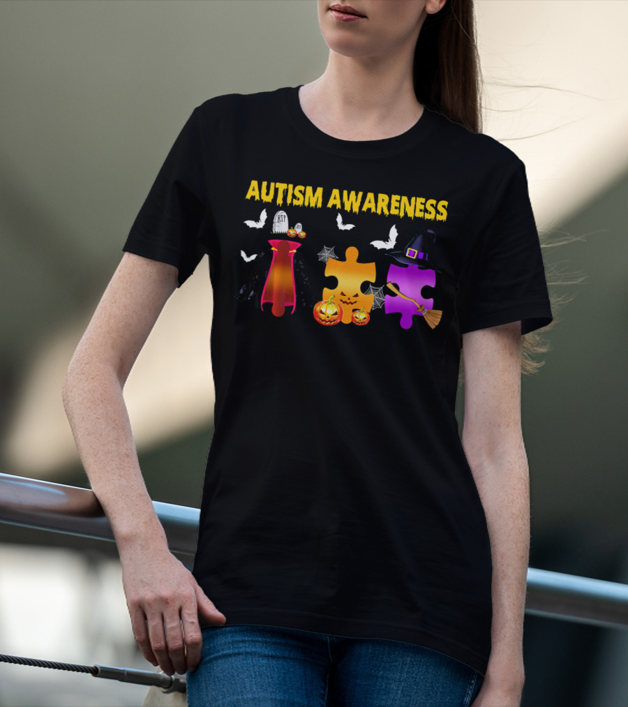 Autism Awareness Halloween Puzzle Pieces With Witch Hat Bats And Pumpkins T-Shirt
