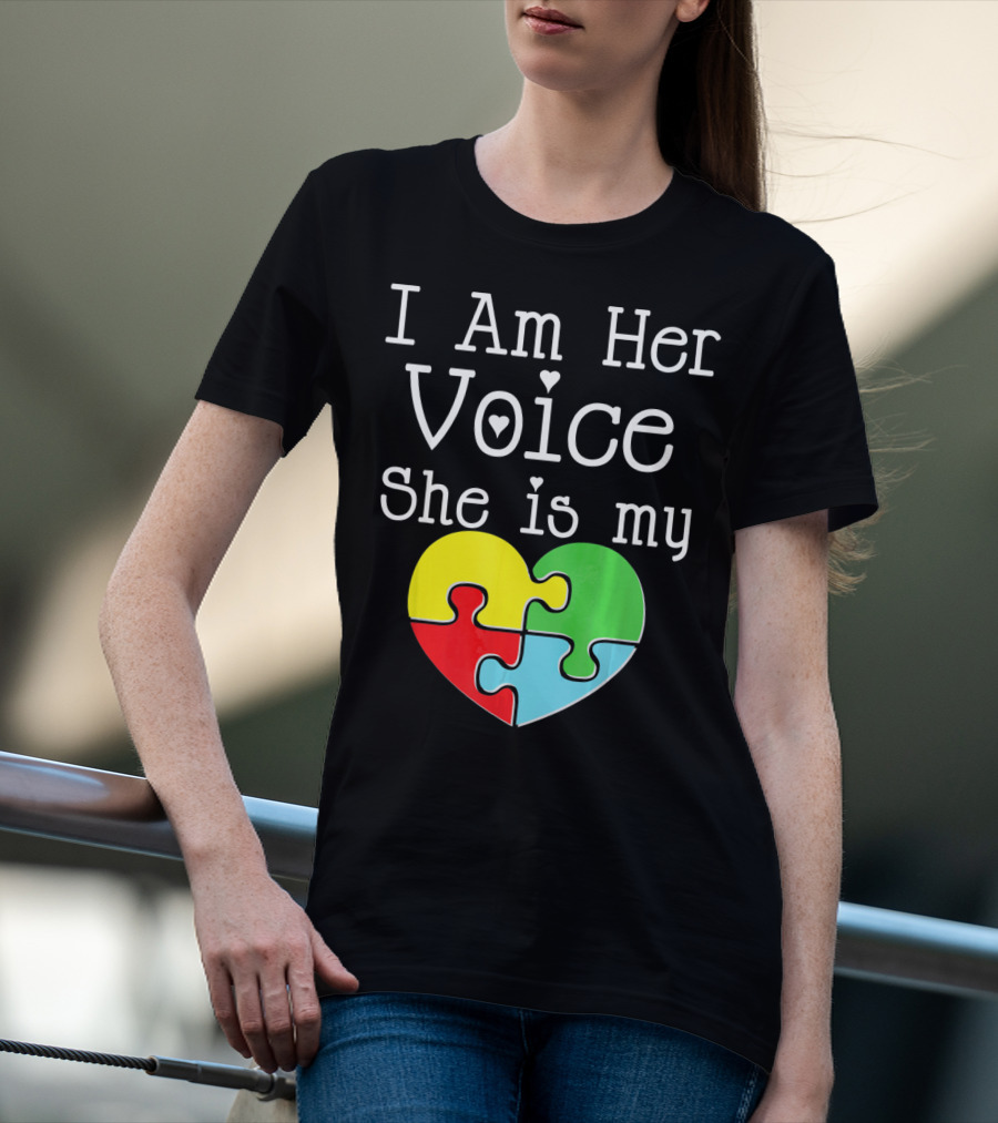 I Am Her Voice She Is My Heart Autism Puzzle Heart T-Shirt