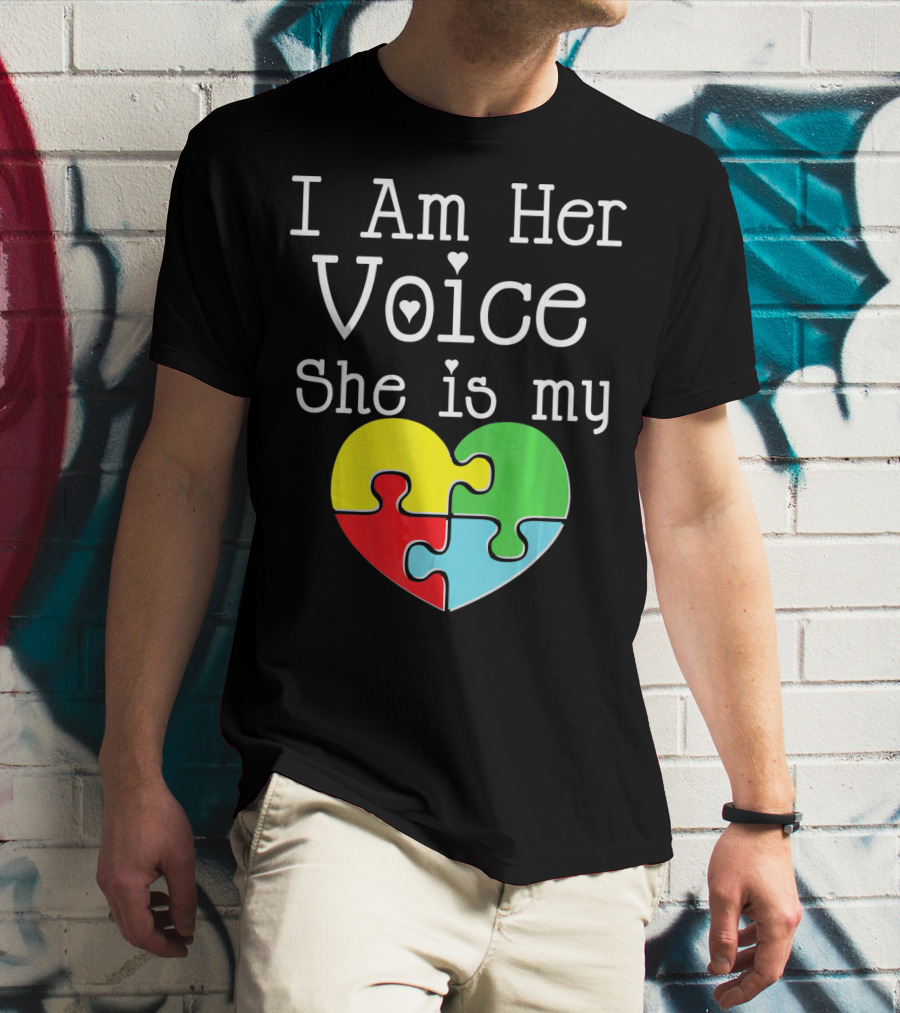 I Am Her Voice She Is My Heart Autism Puzzle Heart T-Shirt