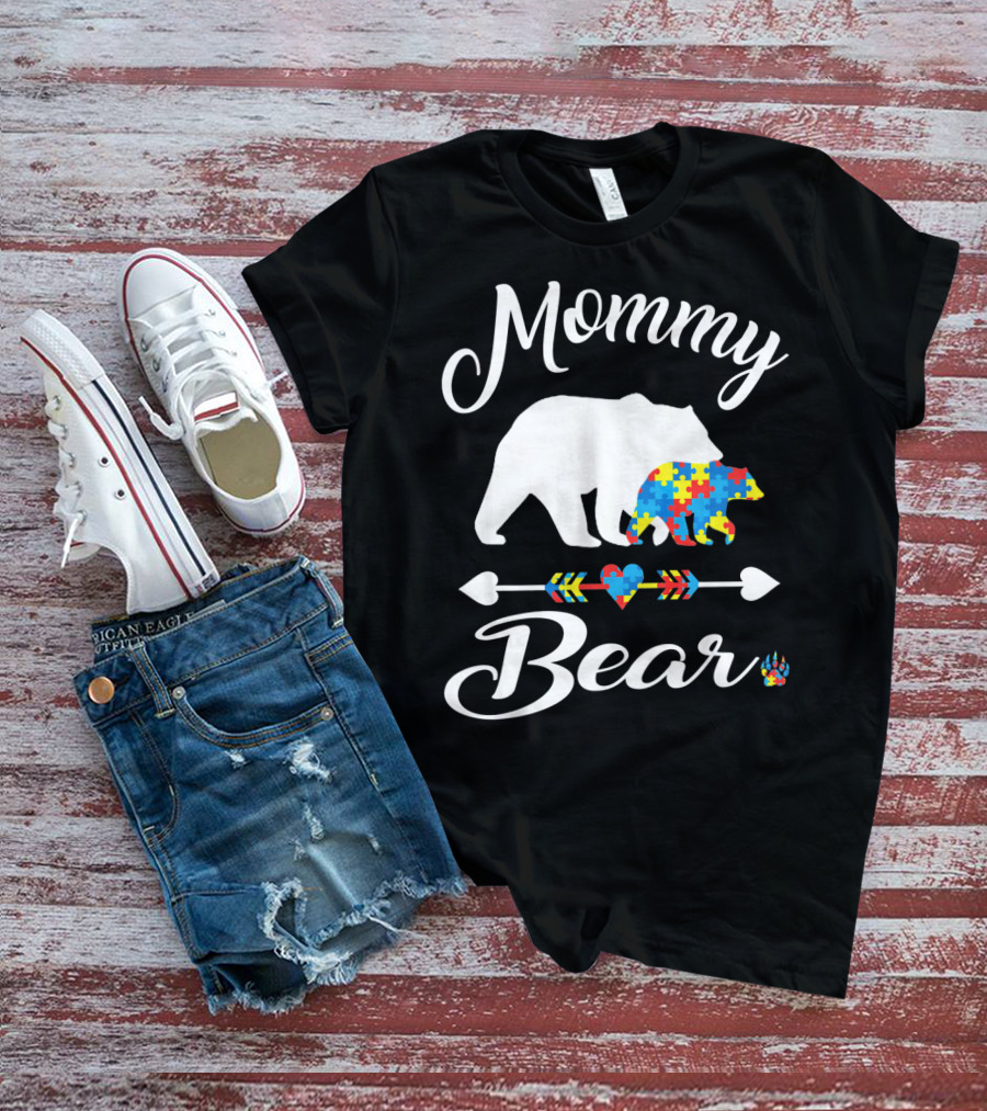 Mommy Bear Autism Awareness Puzzle Pattern Heart T-Shirt
