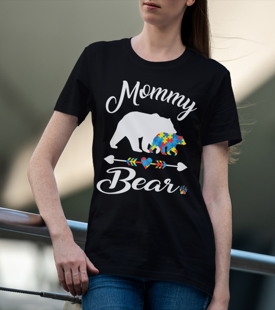 Mommy Bear Autism Awareness Puzzle Pattern Heart T-Shirt