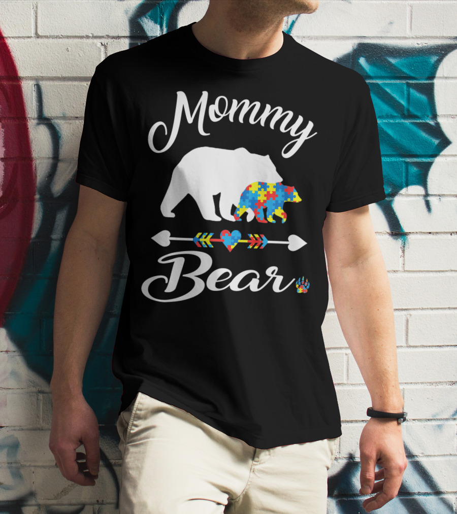 Mommy Bear Autism Awareness Puzzle Pattern Heart T-Shirt