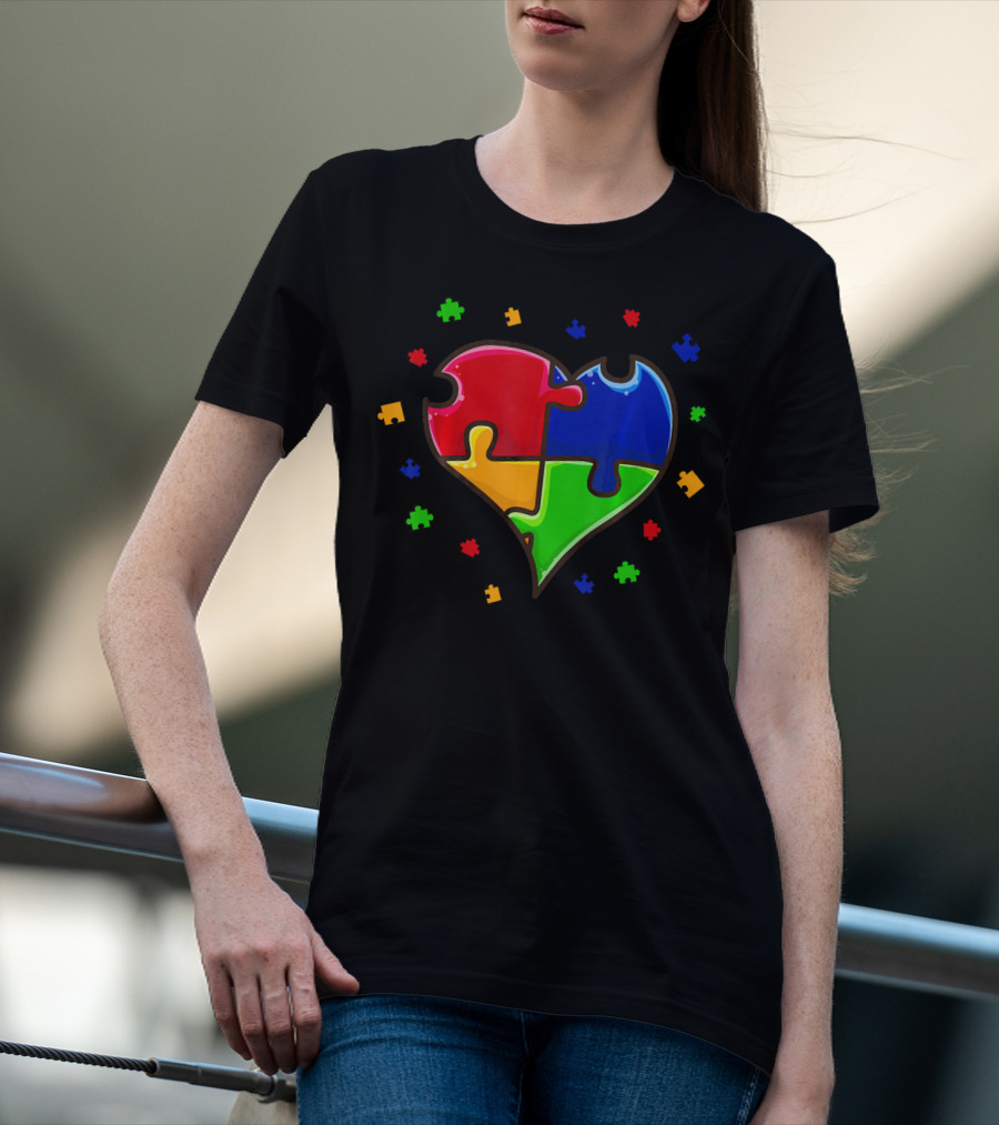 Autism Awareness Month Love Heart Puzzle Pieces T-Shirt
