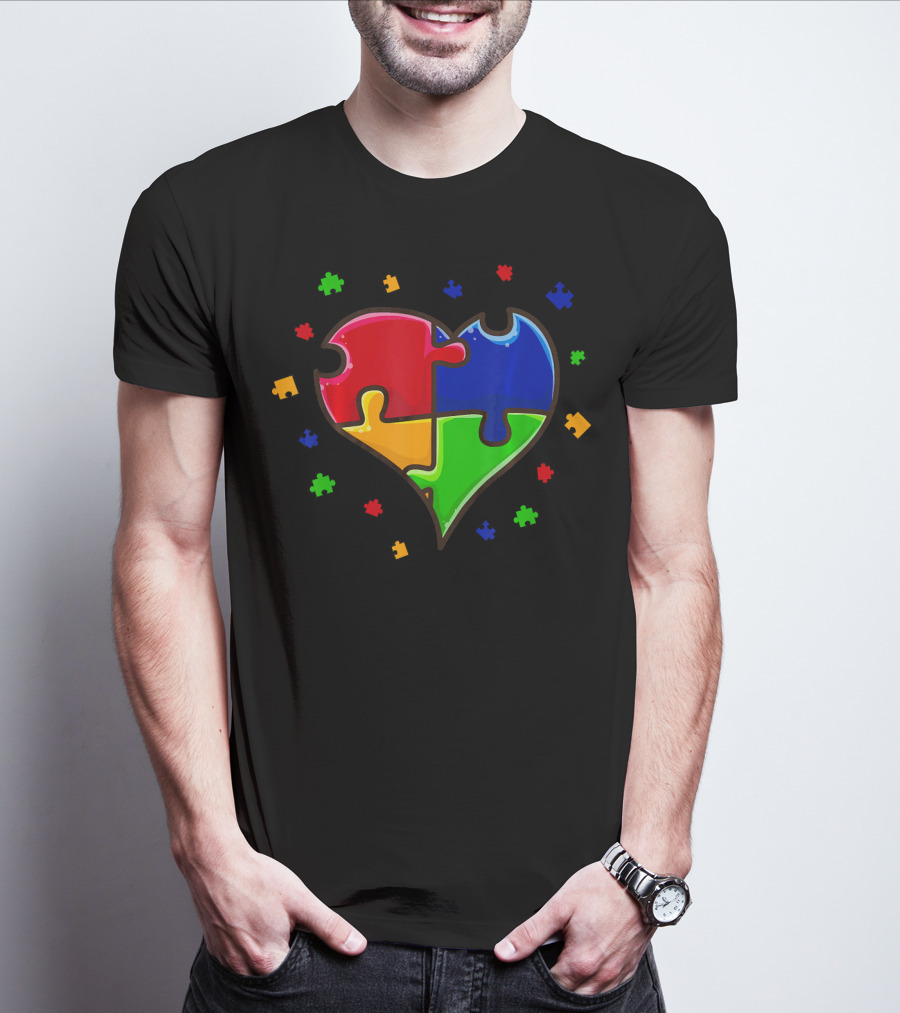 Autism Awareness Month Love Heart Puzzle Pieces T-Shirt