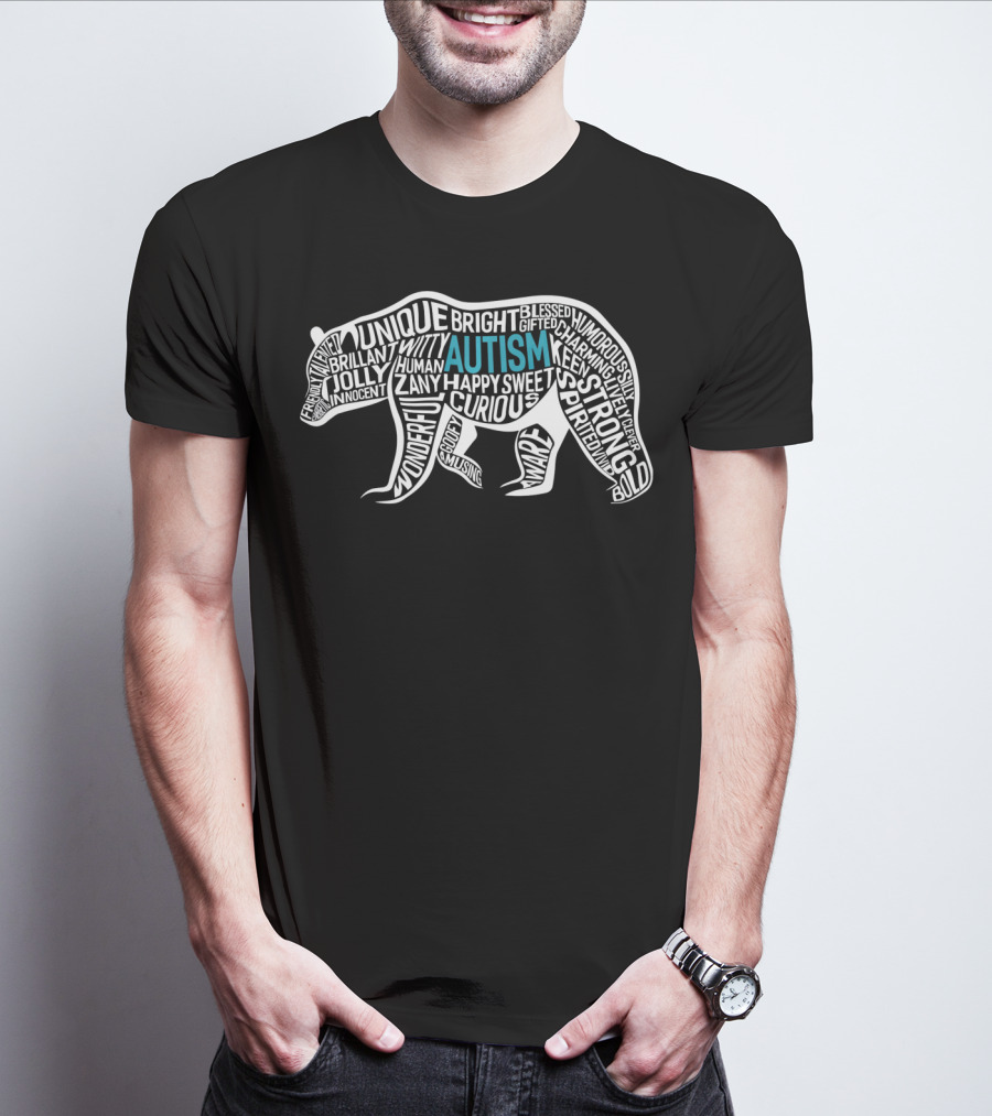 Autism Awareness Bear Word Cloud Unique Strong Curious Happy T-Shirt