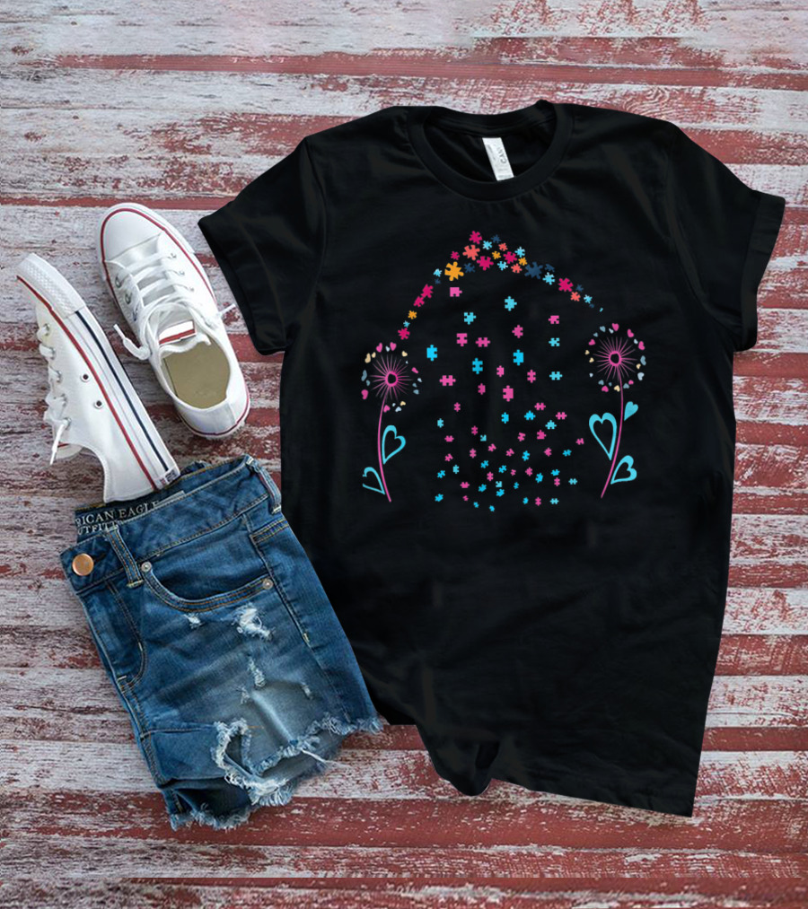 Dandelion Flower Puzzle Pieces Autism Heart T-Shirt