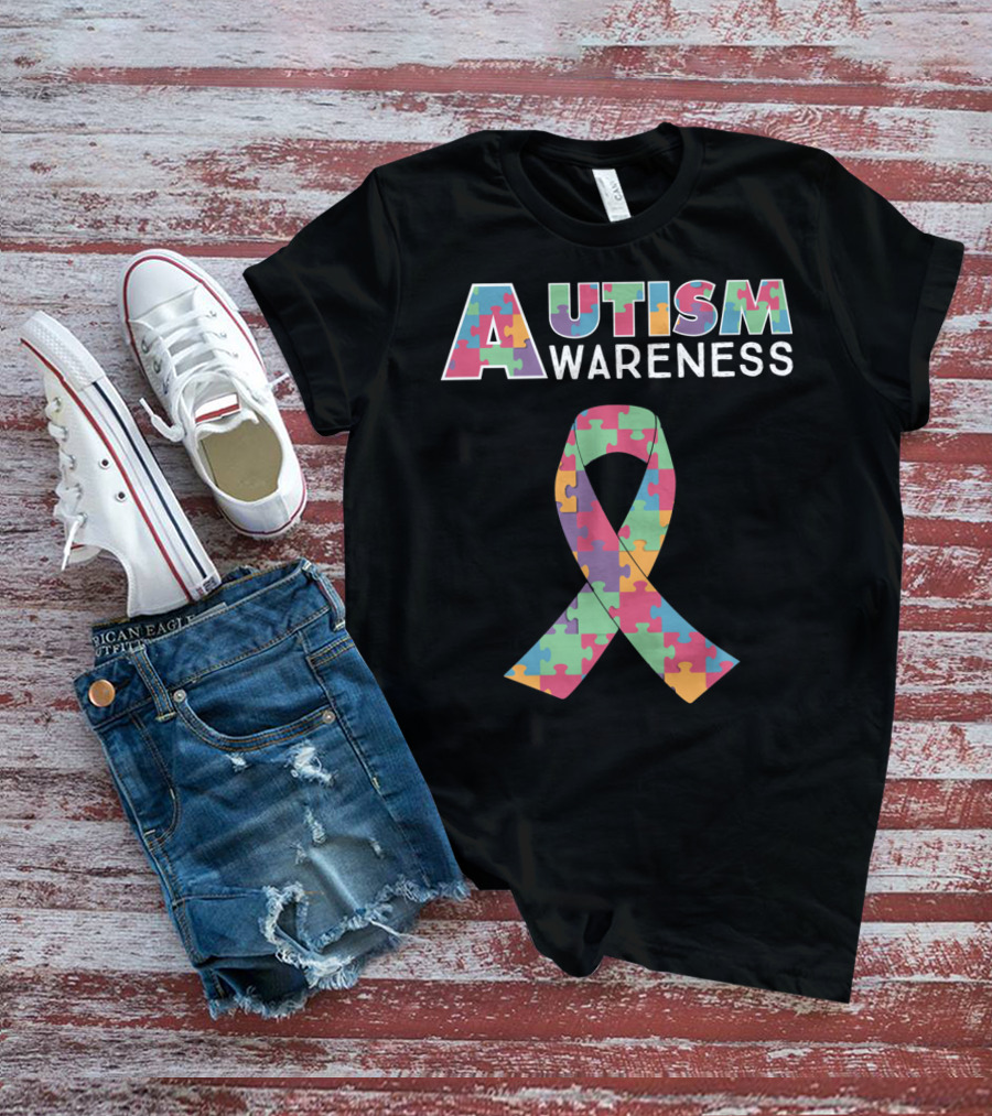 Autism Awareness Puzzle Ribbon And Colored Lettering T-Shirt