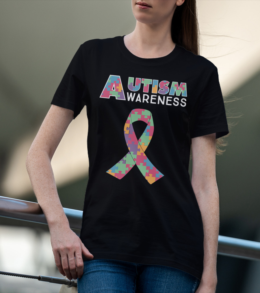 Autism Awareness Puzzle Ribbon And Colored Lettering T-Shirt