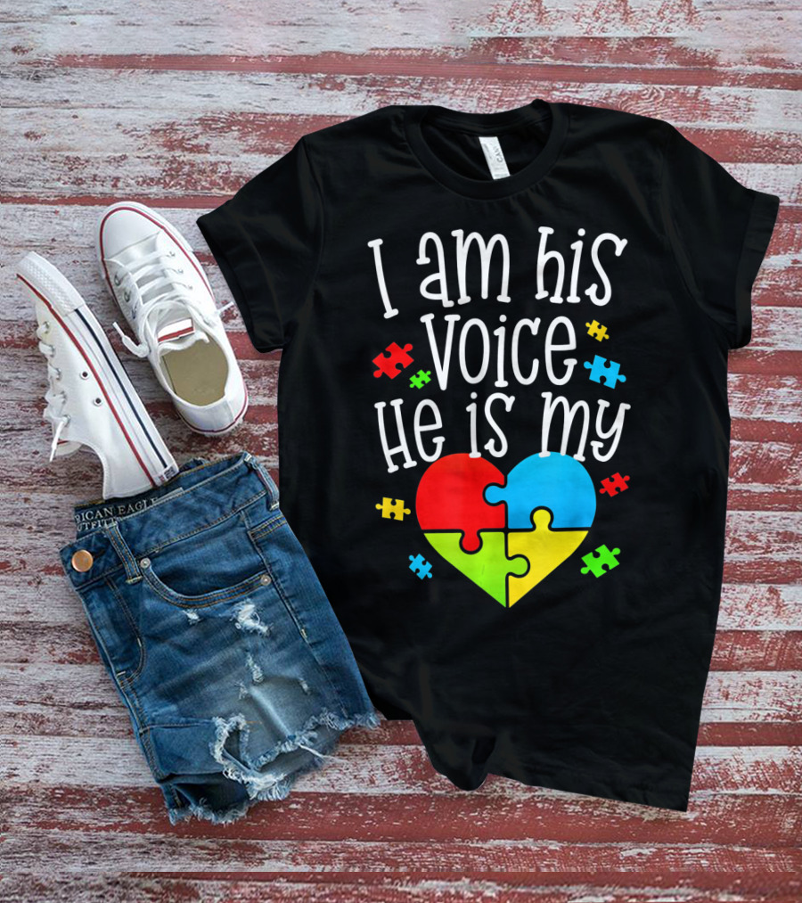I Am His Voice He Is My Heart Autism Puzzle Pieces T-Shirt