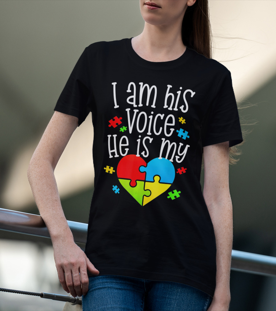I Am His Voice He Is My Heart Autism Puzzle Pieces T-Shirt