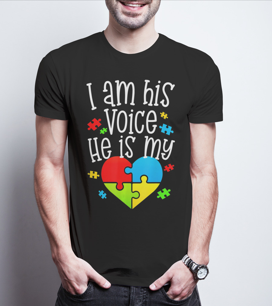 I Am His Voice He Is My Heart Autism Puzzle Pieces T-Shirt