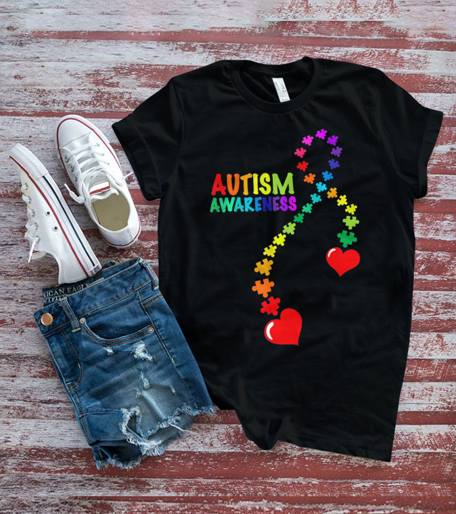 Autism Awareness Puzzle Heart Ribbon Rainbow T-Shirt
