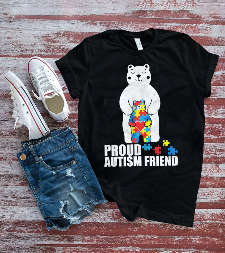Proud Autism Friend Bear With Colorful Puzzle Pieces T-Shirt