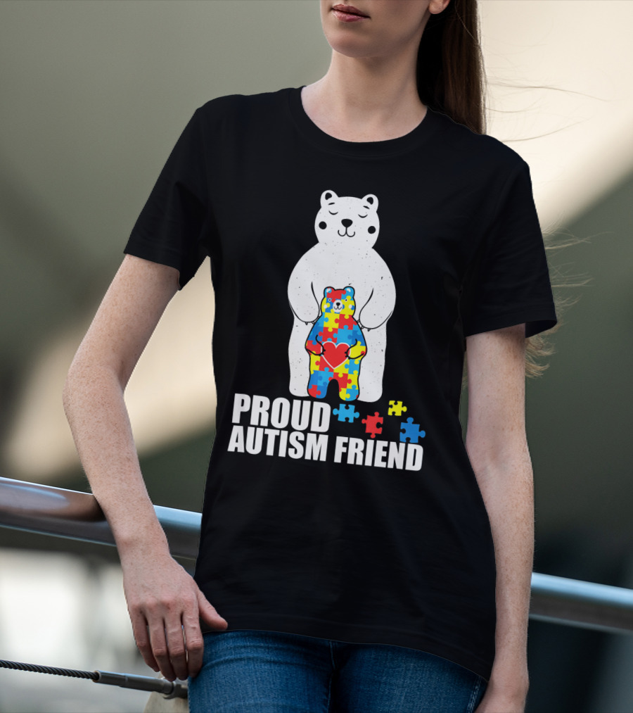 Proud Autism Friend Bear With Colorful Puzzle Pieces T-Shirt