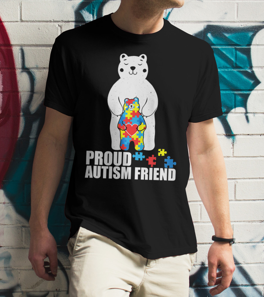 Proud Autism Friend Bear With Colorful Puzzle Pieces T-Shirt
