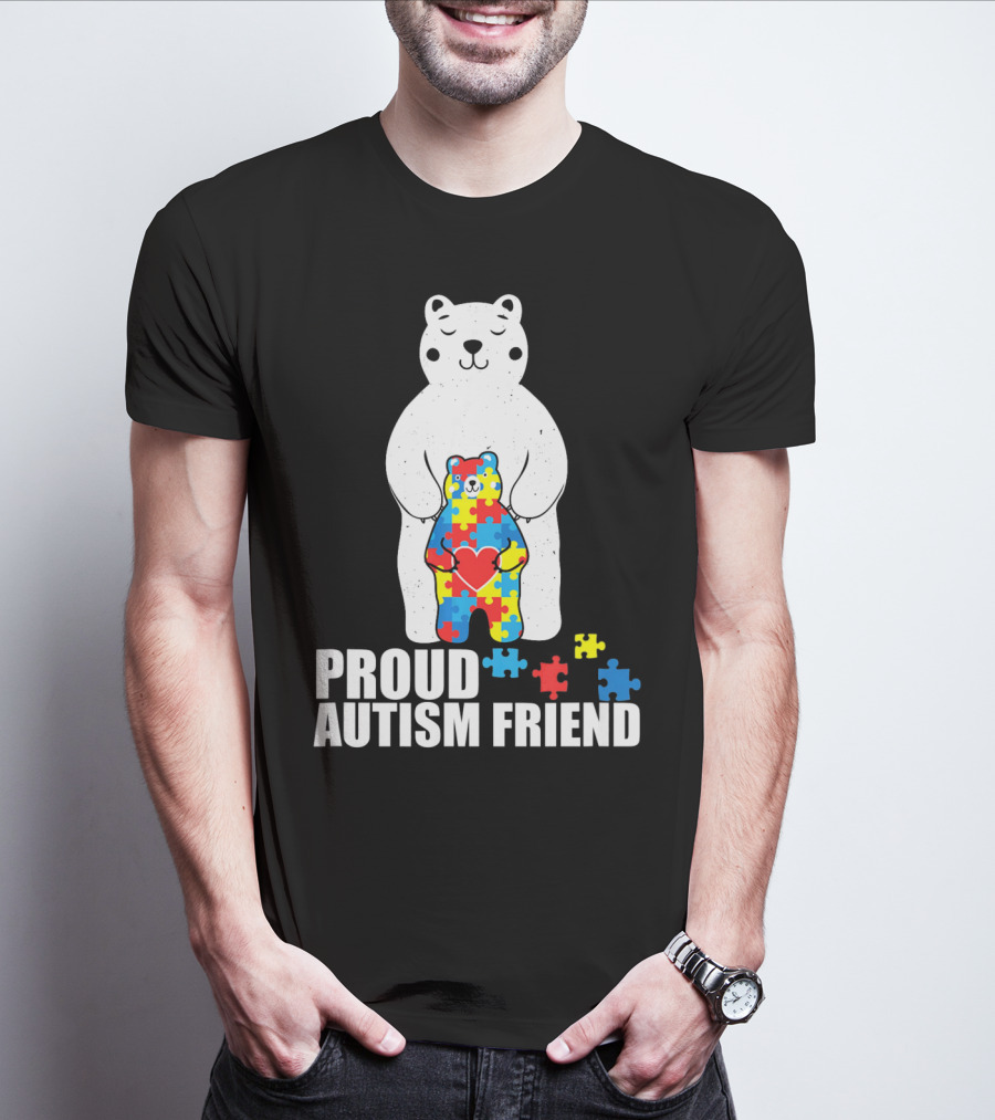 Proud Autism Friend Bear With Colorful Puzzle Pieces T-Shirt