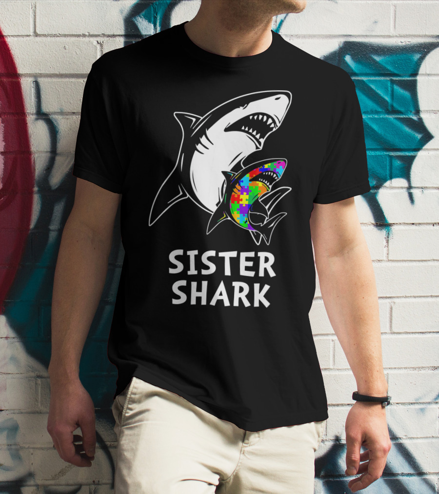 Sister Shark Autism Awareness Puzzle T-Shirt