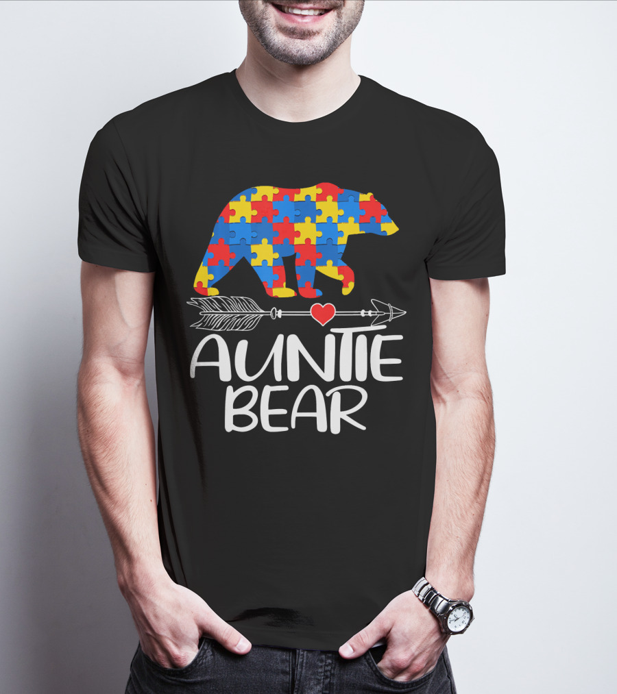Autism Awareness Auntie Bear Puzzle Heart Arrow T-Shirt
