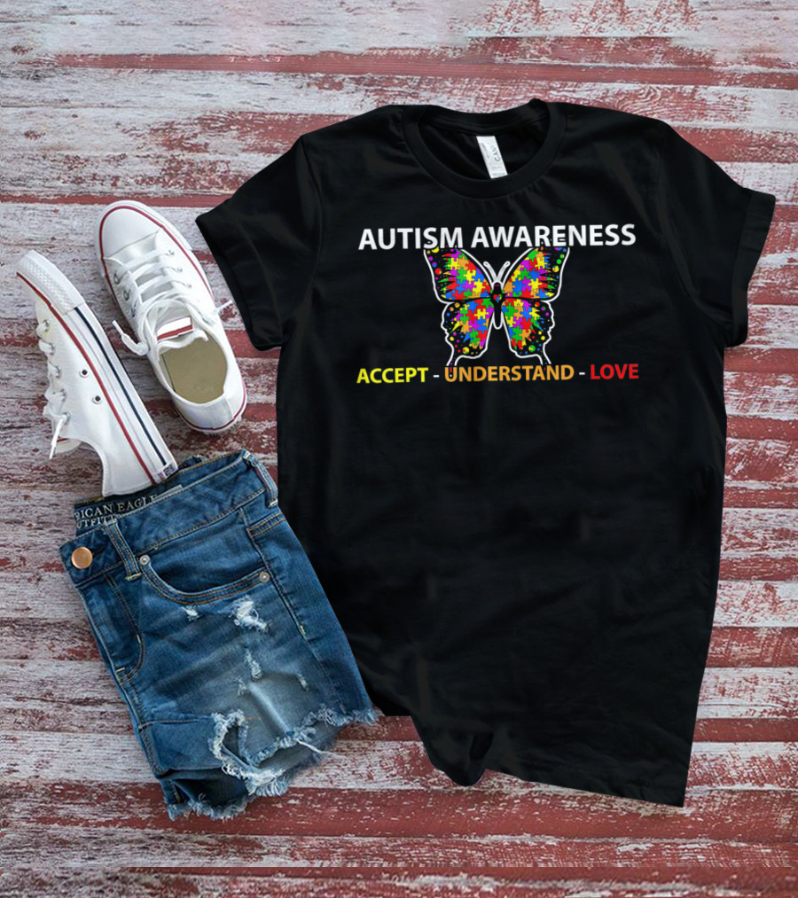 AUTISM AWARENESS Accept Understand Love Colorful Puzzle Piece Butterfly T-Shirt