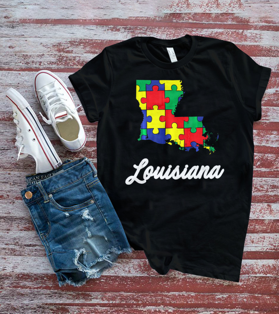 Autism Awareness Puzzle Map Louisiana T-Shirt