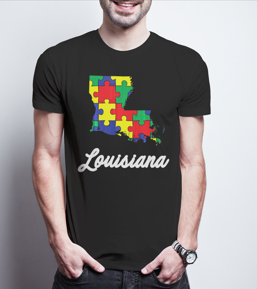 Autism Awareness Puzzle Map Louisiana T-Shirt