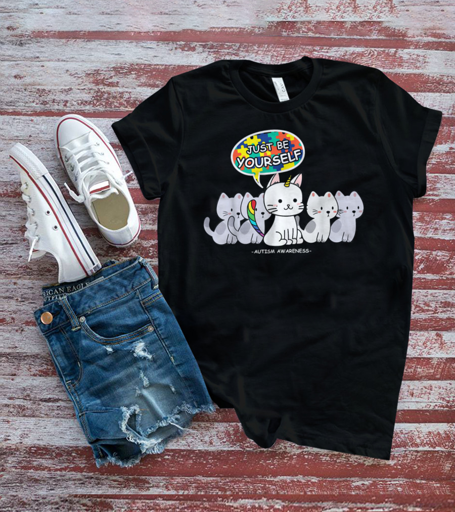 Autism Awareness Just Be Yourself Cat Unicorn With Puzzle T-Shirt