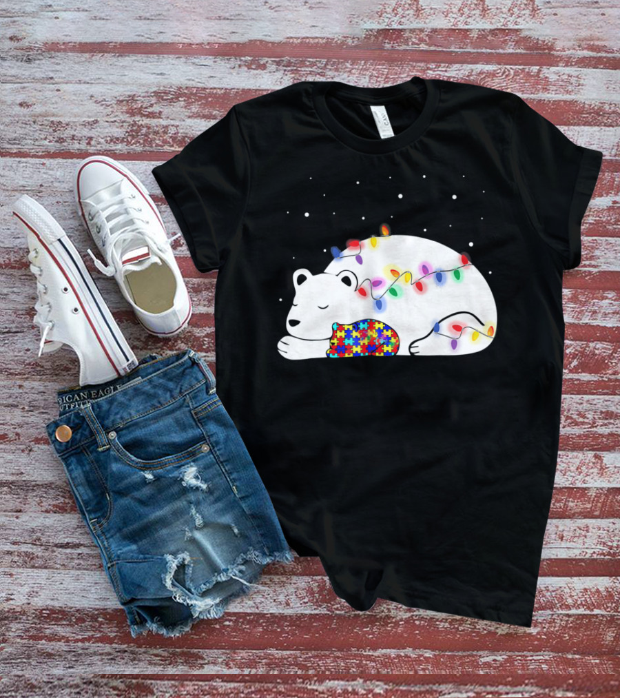 Autism Awareness Mama Bear Christmas Lights Puzzle T-Shirt