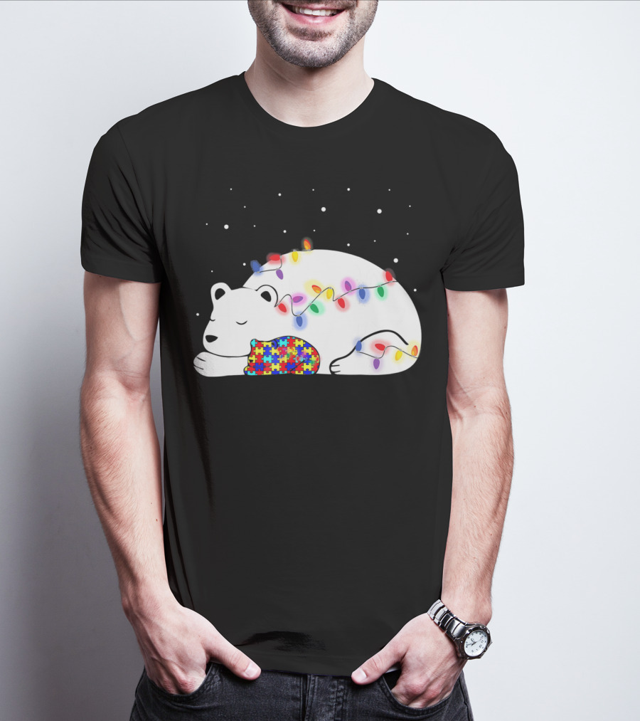 Autism Awareness Mama Bear Christmas Lights Puzzle T-Shirt