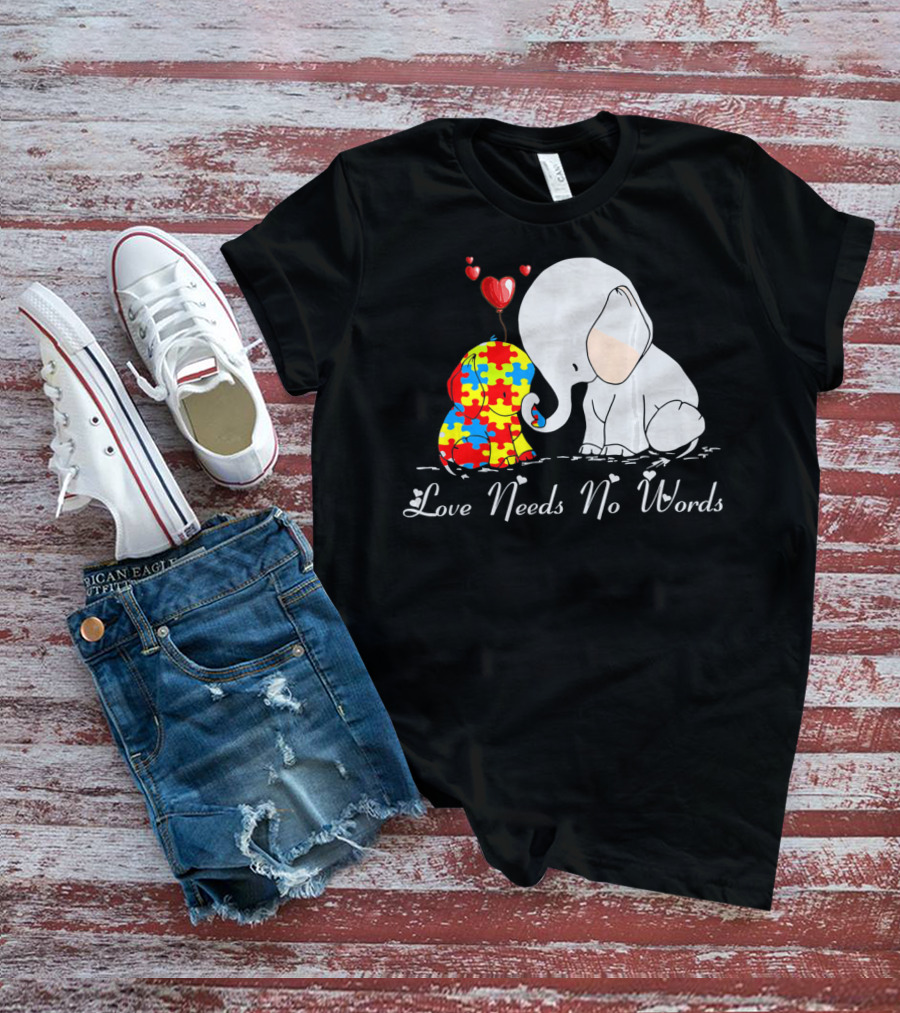 Love Needs No Words Autism Awareness Elephant Puzzle Hearts T-Shirt
