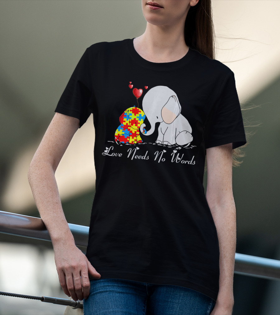 Love Needs No Words Autism Awareness Elephant Puzzle Hearts T-Shirt
