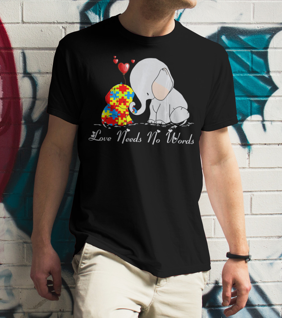 Love Needs No Words Autism Awareness Elephant Puzzle Hearts T-Shirt