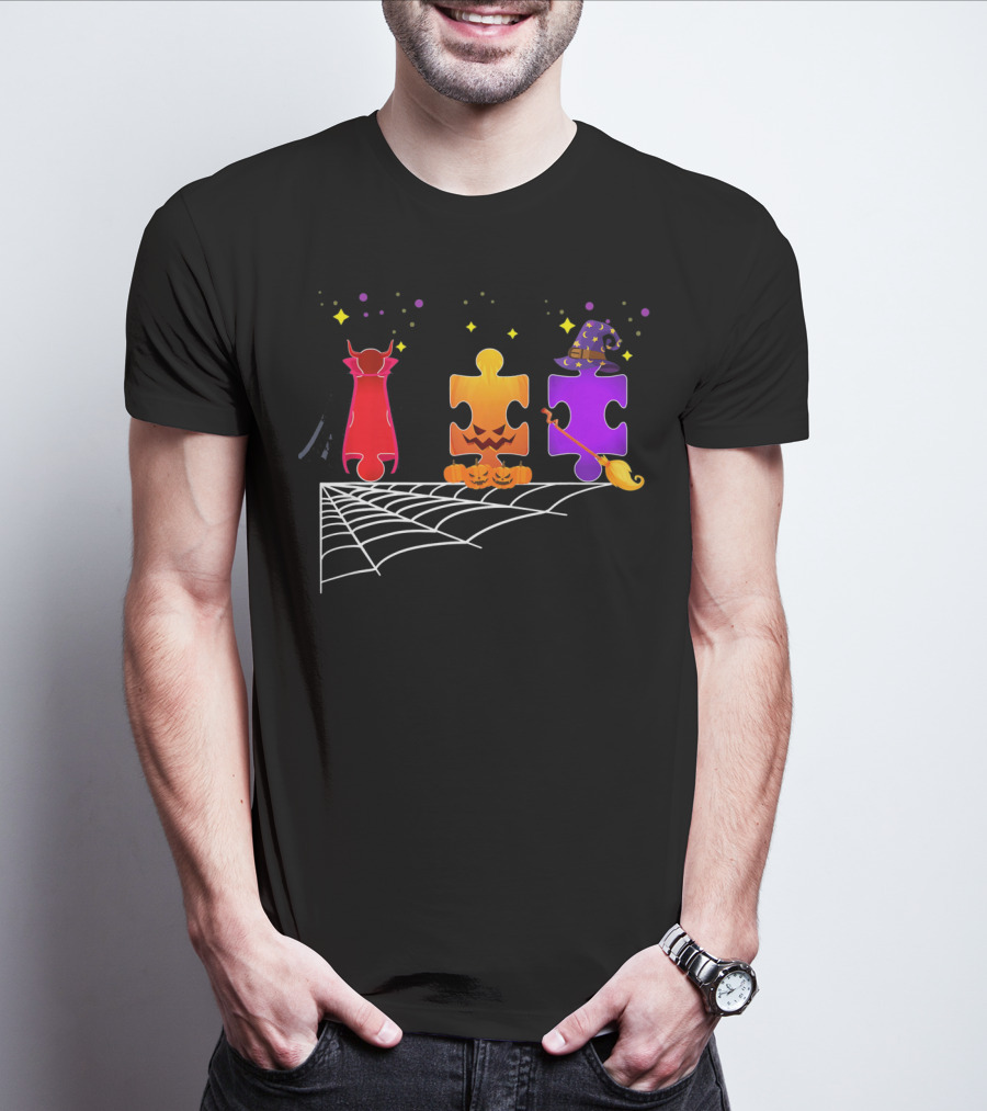 Autism Puzzle Pieces Halloween Witch And Vampire T-Shirt