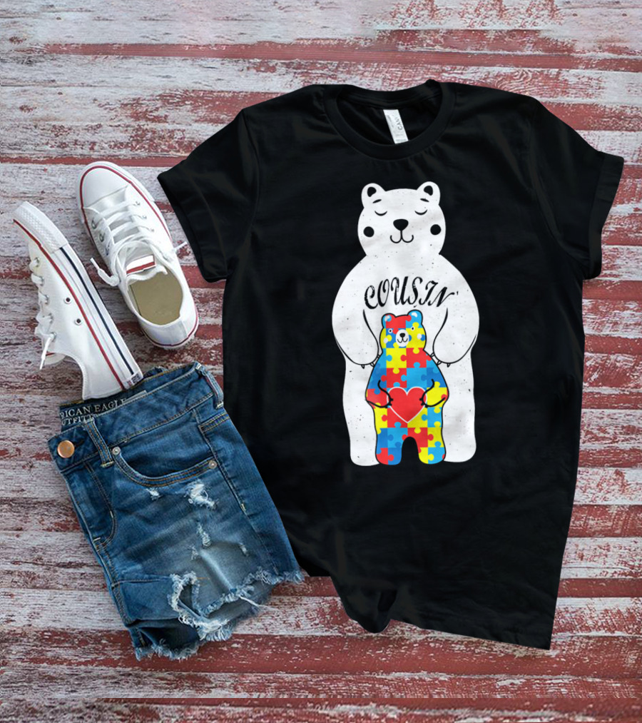 Cousin Bear Holding Autism Awareness Puzzle Heart ASD T-Shirt