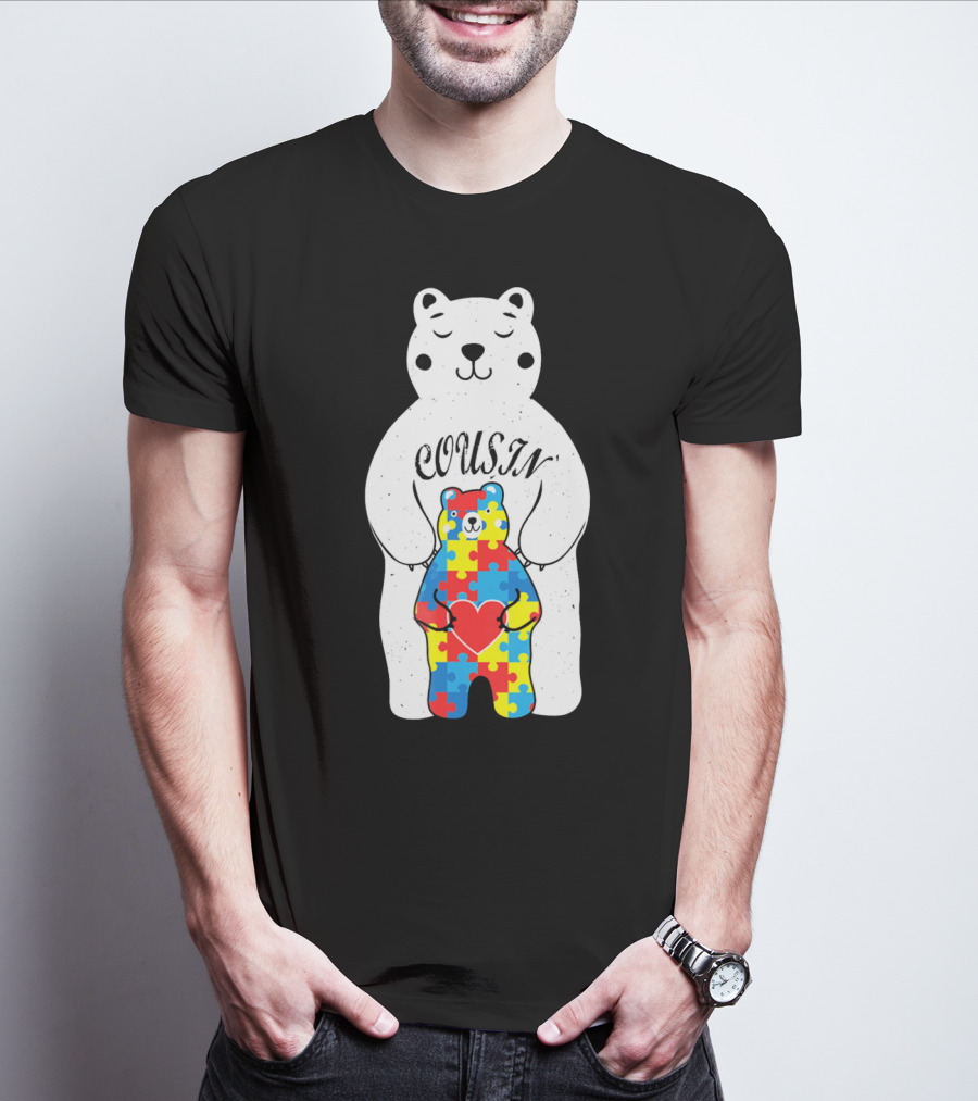 Cousin Bear Holding Autism Awareness Puzzle Heart ASD T-Shirt