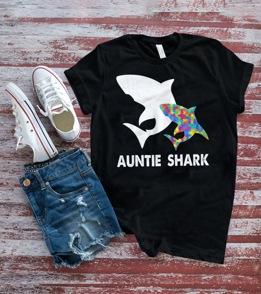 Auntie Shark Autism Puzzle Piece Warrior T-Shirt