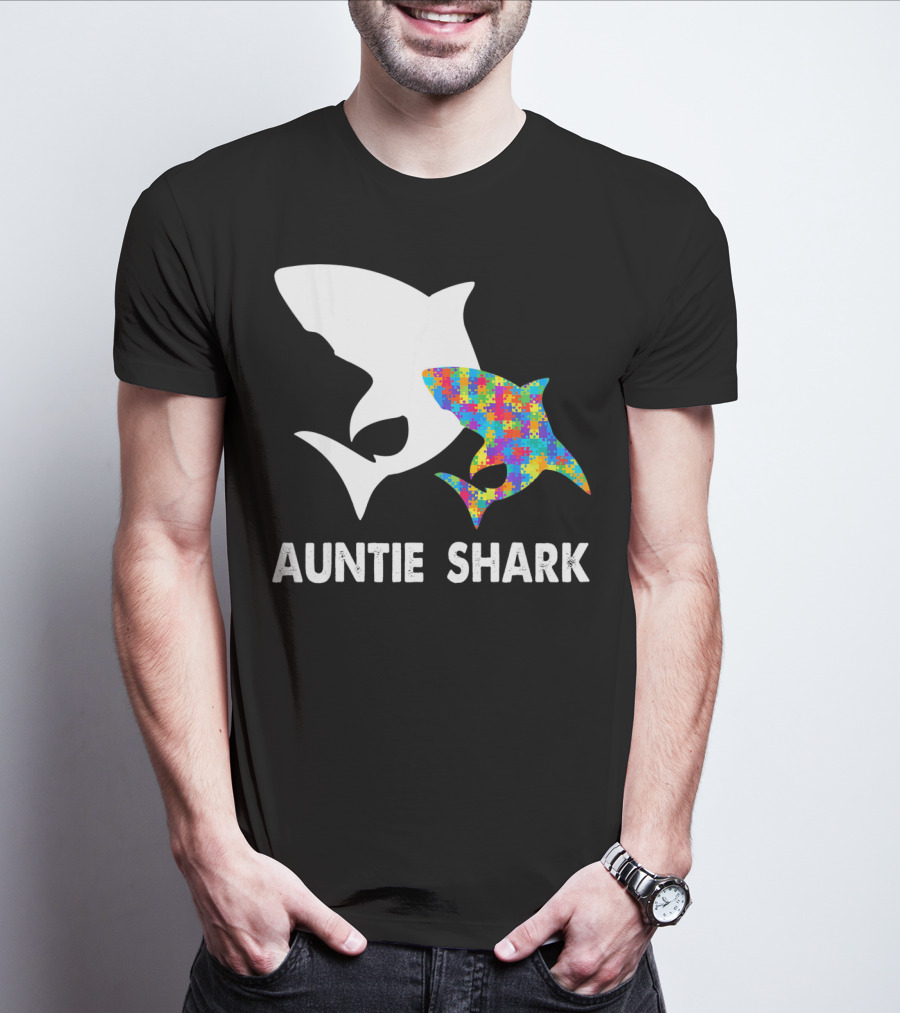 Auntie Shark Autism Puzzle Piece Warrior T-Shirt